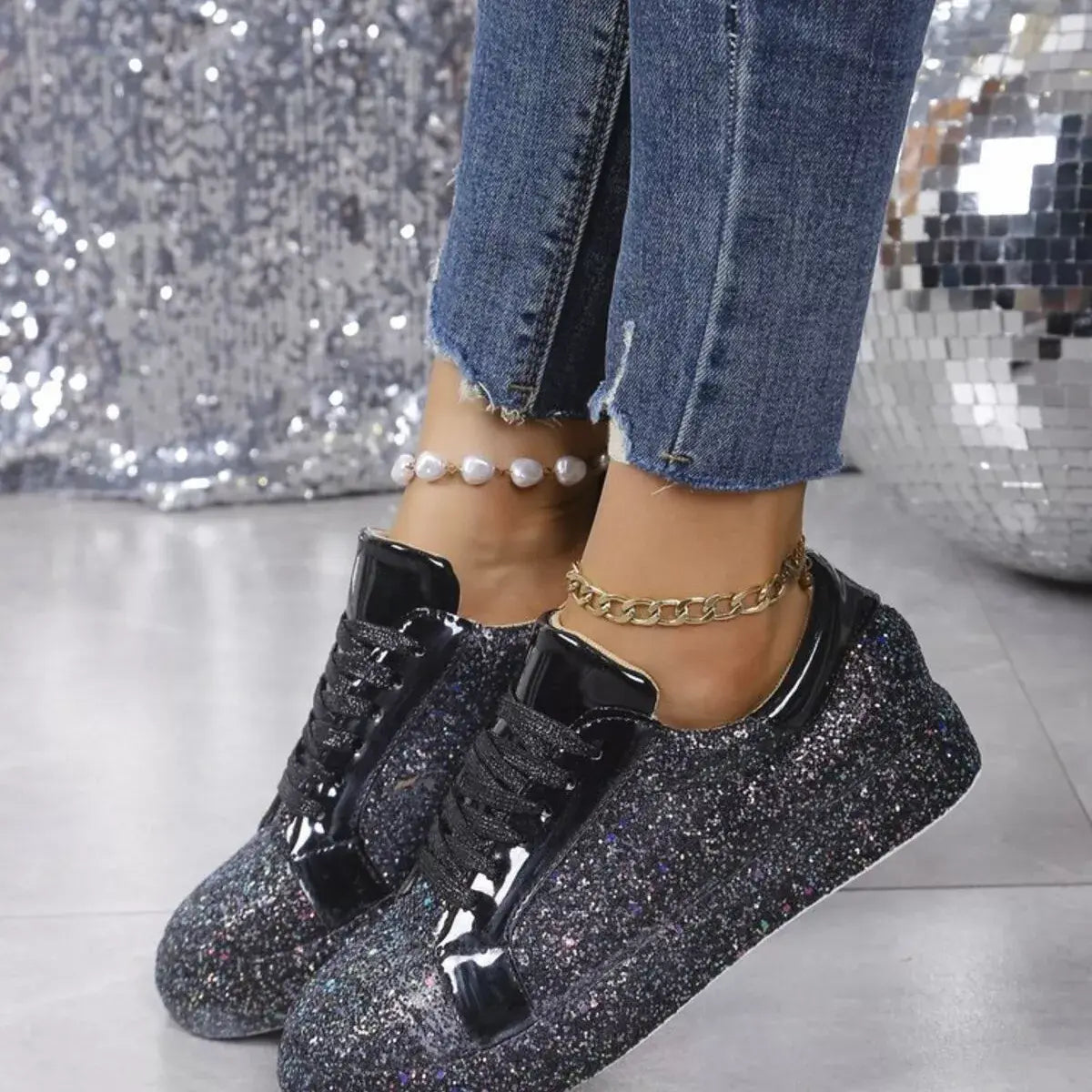 Sparkling Lace Up Sneakers - Trendsi - Flyclothing LLC