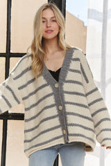 ADORA Horizontally Striped Button Up Cardigan - Trendsi - Flyclothing LLC