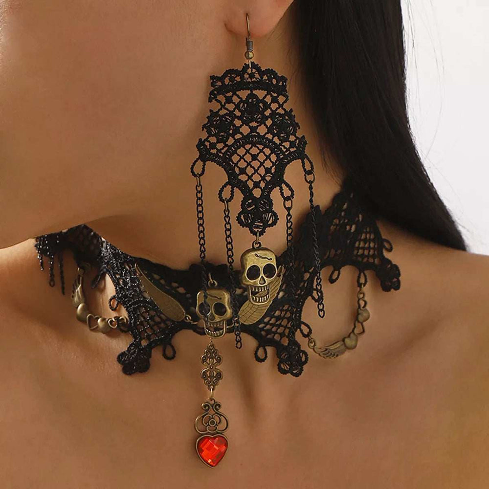 Halloween Lace Skull Necklace and Earrings Jewelry Set - Trendsi - Flyclothing LLC