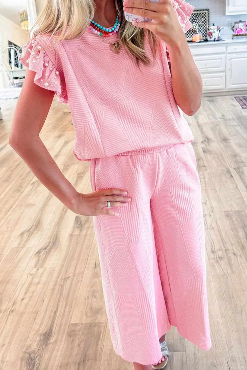 Textured Pearled Ruffled Sleeve Top and Wide Leg Pants Set - Trendsi - Flyclothing LLC