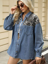 Leopard Button Up Long Sleeve Denim Jacket - Trendsi - Flyclothing LLC