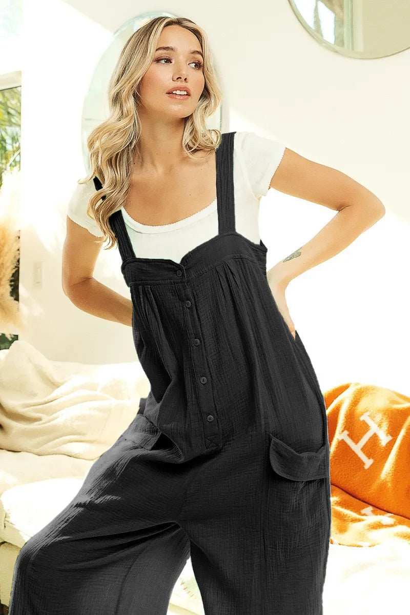 BiBi Gauze Buttoned Up Overall Jumpsuit with Pockets - Trendsi - Flyclothing LLC