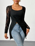 Square Neck Lace Patchwork Long Sleeve T-Shirt - Trendsi