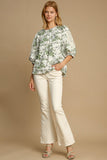 Umgee Floral Pleated Detail Lace Trim Sleeve Blouse - Trendsi