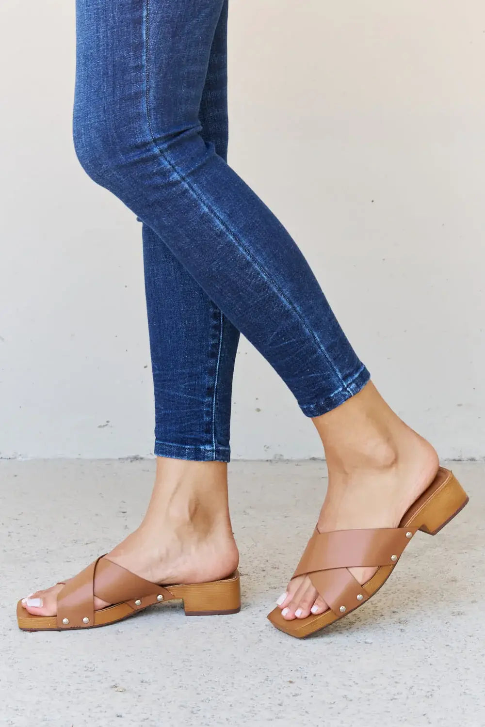 Weeboo Step Into Summer Criss Cross Wooden Clog Mule in Brown - Trendsi - Flyclothing LLC