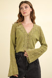 VERY J V-Neck Lace Detail Button Down Crop Ribbed Knit Top - Trendsi