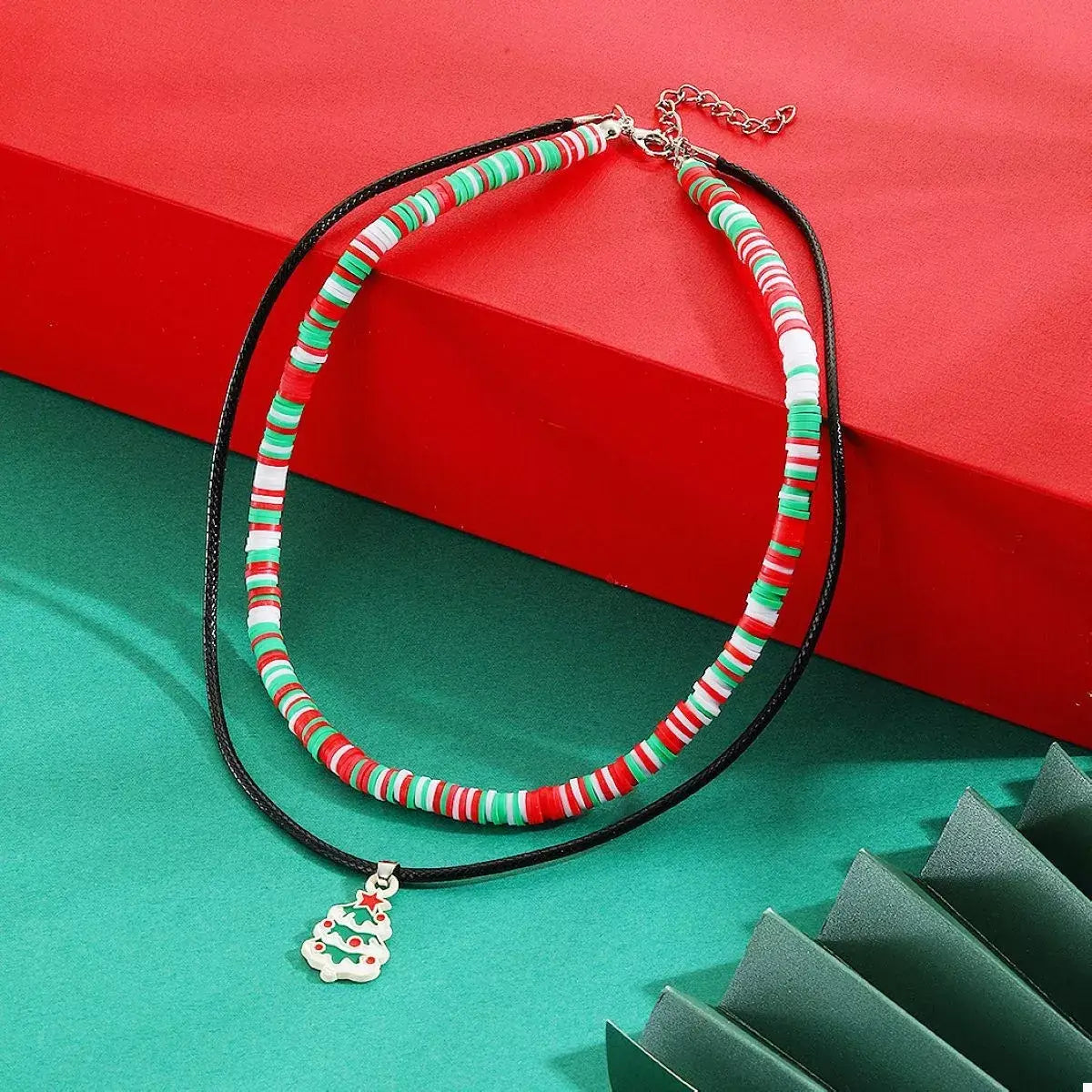 Colorful Double Layered Necklace with Christmas Tree Pendant - Trendsi - Flyclothing LLC
