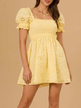 Eyelet Puff Sleeve Smocked Mini Dress - Trendsi - Flyclothing LLC
