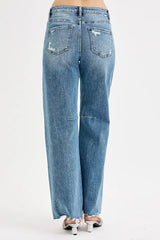 RISEN Full Size Mid Rise Fit Wide Baggy Leg Tie Washed Jeans Plus Size - Trendsi - Flyclothing LLC