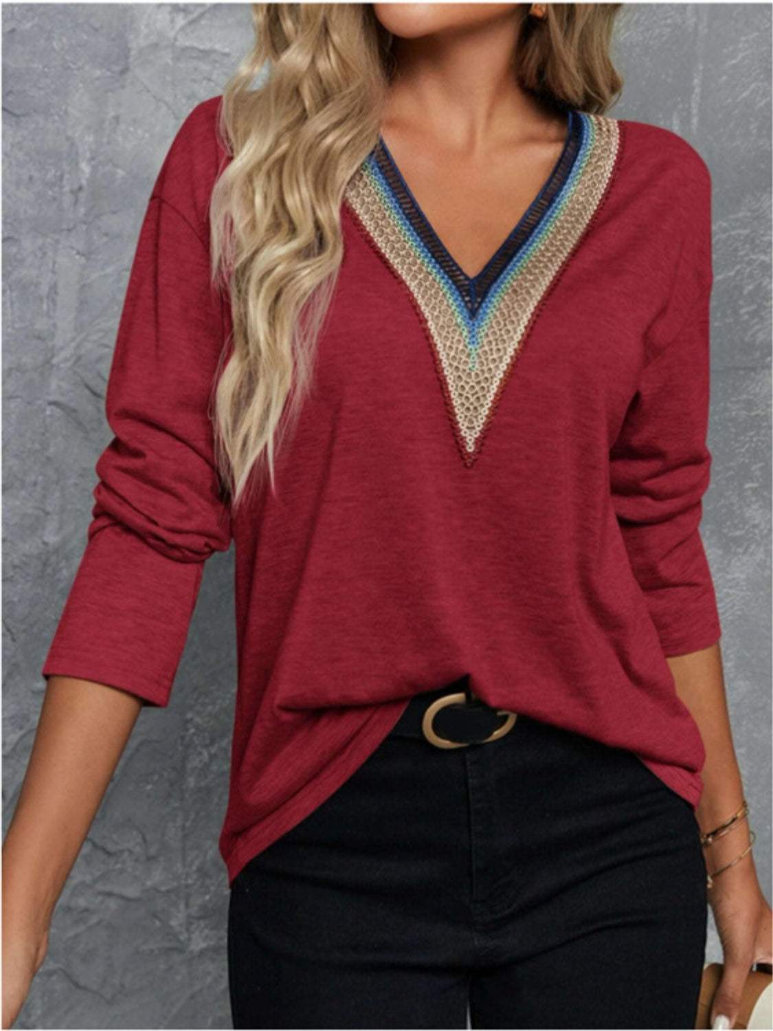 V-Neck Long Sleeve T-Shirt - Trendsi - Flyclothing LLC