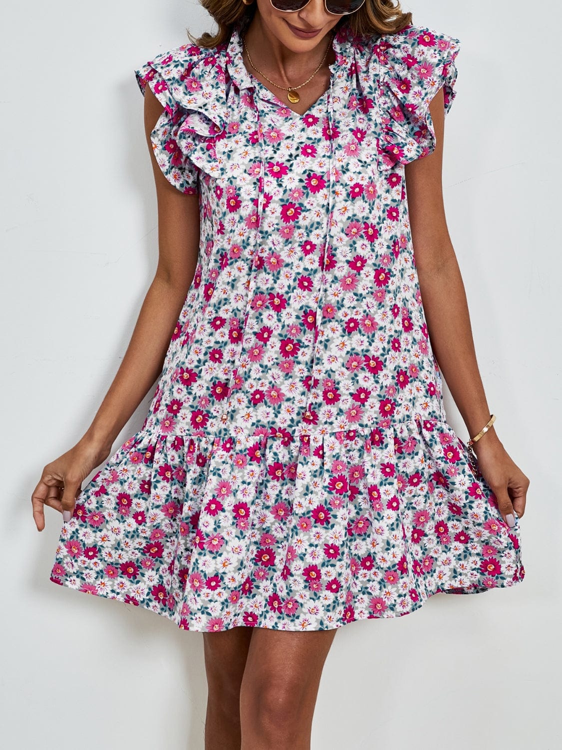 Tied Floral Cap Sleeve Mini Dress - Trendsi