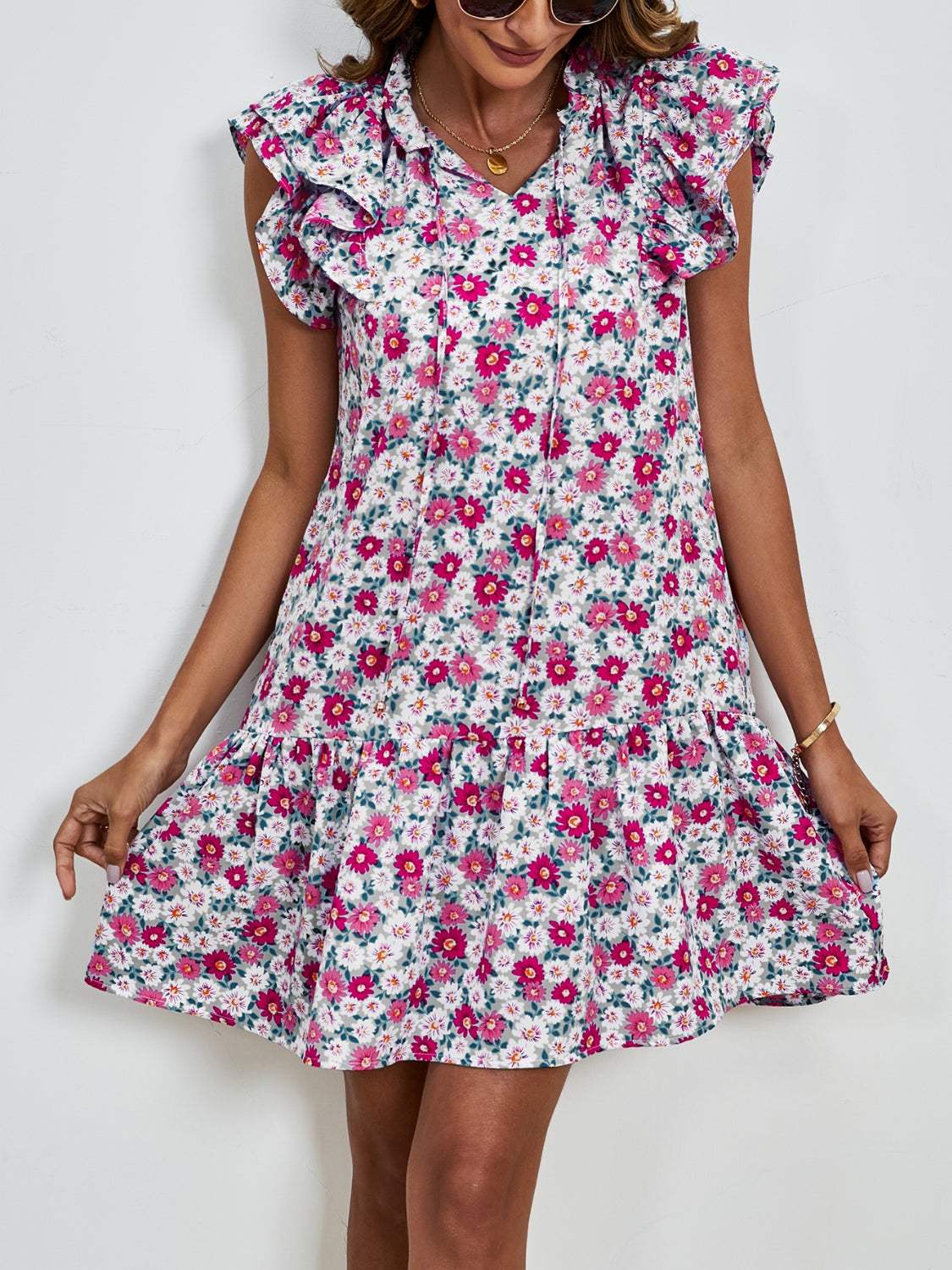 Tied Floral Cap Sleeve Mini Dress - Trendsi - Flyclothing LLC