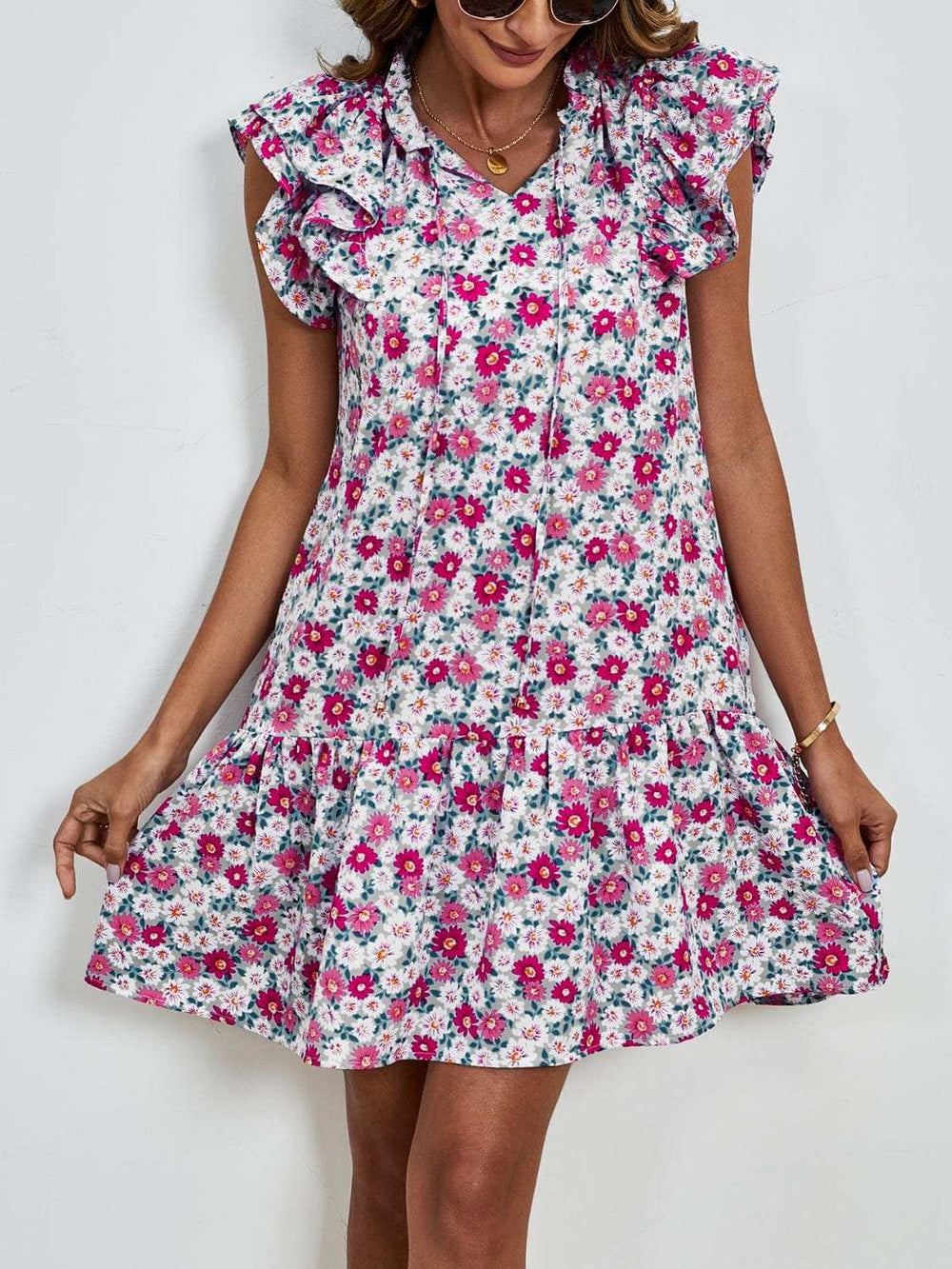 Tied Floral Cap Sleeve Mini Dress - Trendsi - Flyclothing LLC