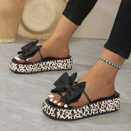 Bow Open Toe Leopard Platform Sandals - Trendsi - Flyclothing LLC