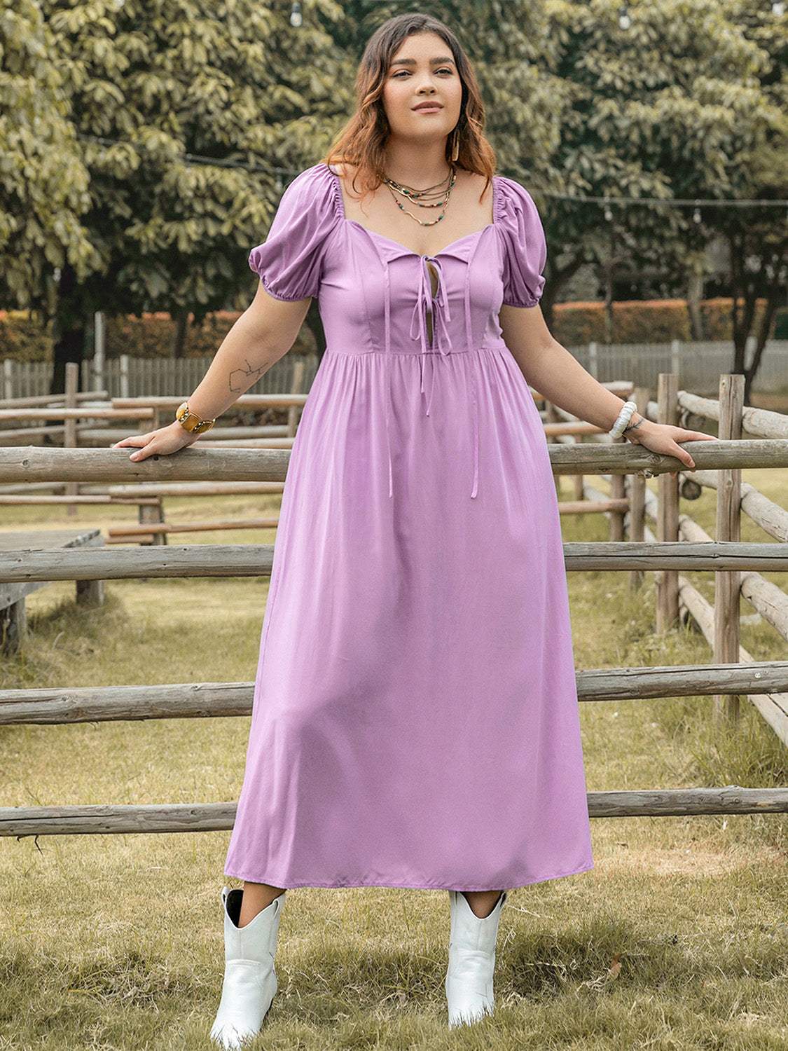Plus Size Tie Neck Short Sleeve Dress - Trendsi - Flyclothing LLC