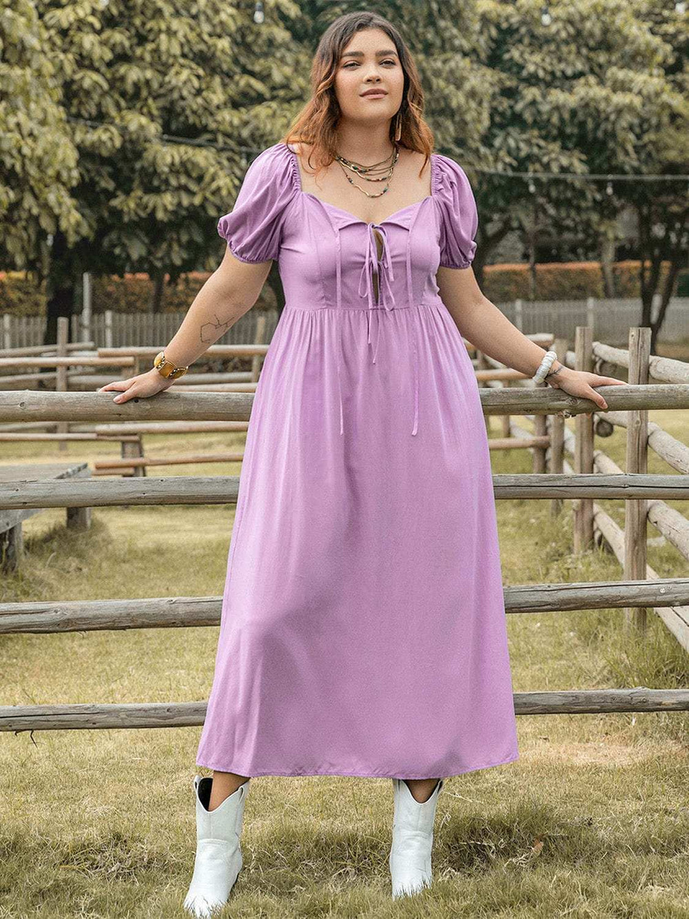 Plus Size Tie Neck Short Sleeve Dress - Trendsi - Flyclothing LLC