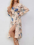 Slit Printed Square Neck Flounce Sleeve Dress - Trendsi - Flyclothing LLC
