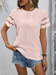 Full Size Eyelet Round Neck Short Sleeve Top - Trendsi
