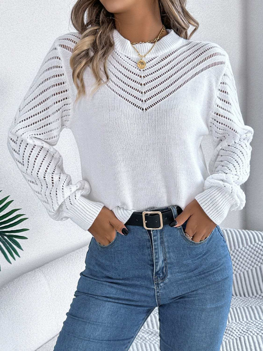 Openwork Round Neck Long Sleeve Knit Top - Trendsi - Flyclothing LLC