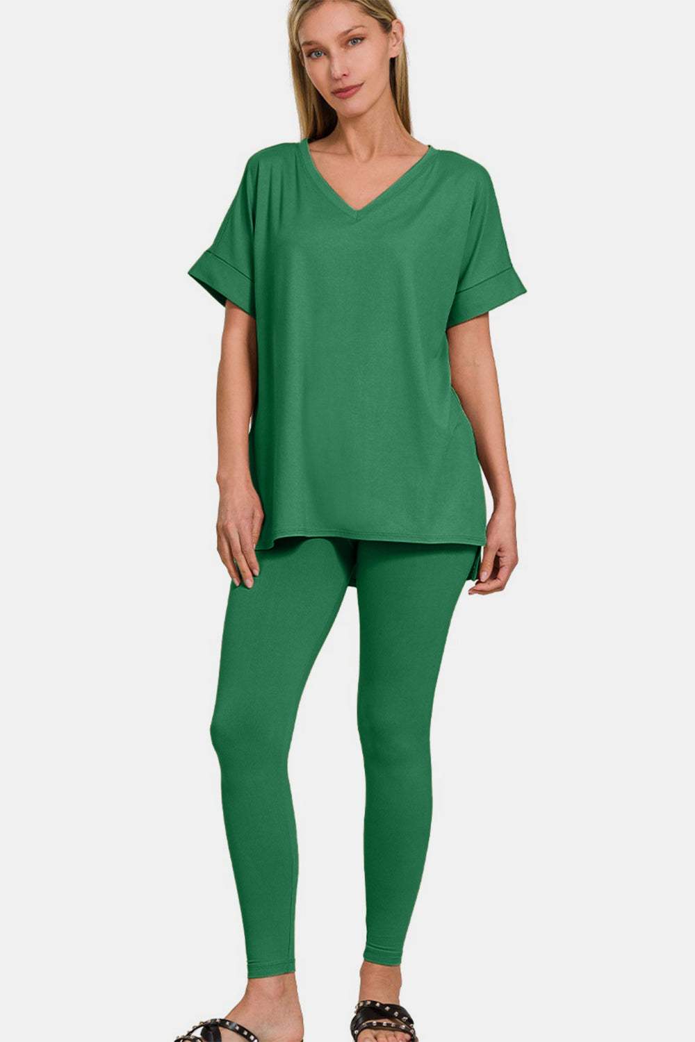 Zenana Full Size V-Neck Rolled Short Sleeve T-Shirt and Leggings Lounge Set - Trendsi - Flyclothing LLC