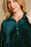 Umgee Pearl Detail Half Sleeve Velvet Babydoll Blouse - Trendsi - Flyclothing LLC