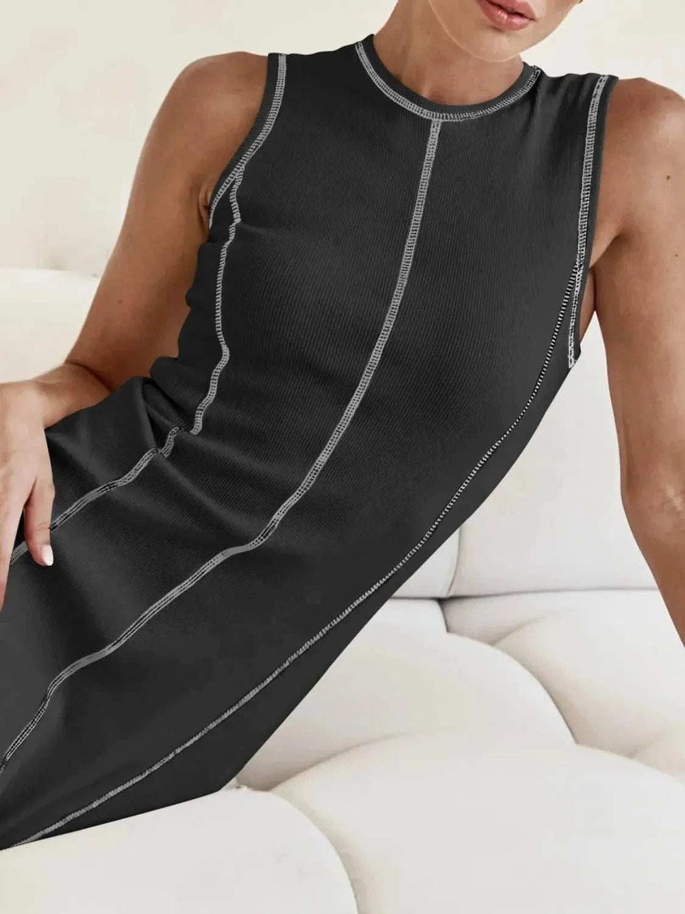 Contrast Stitching Round Neck Sleeveless Midi Dress - Trendsi - Flyclothing LLC