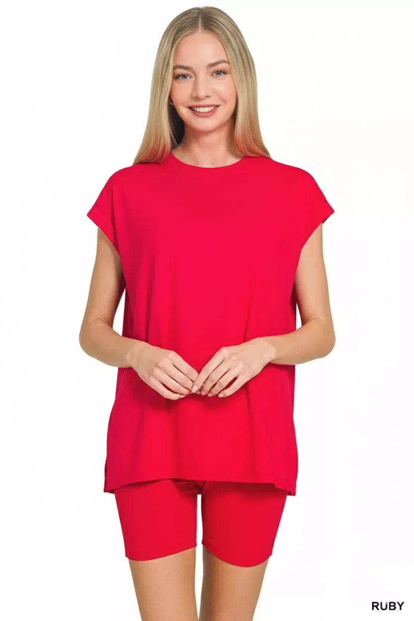 Zenana Brushed Dty Microfiber Top & Biker Shorts - Trendsi - Flyclothing LLC