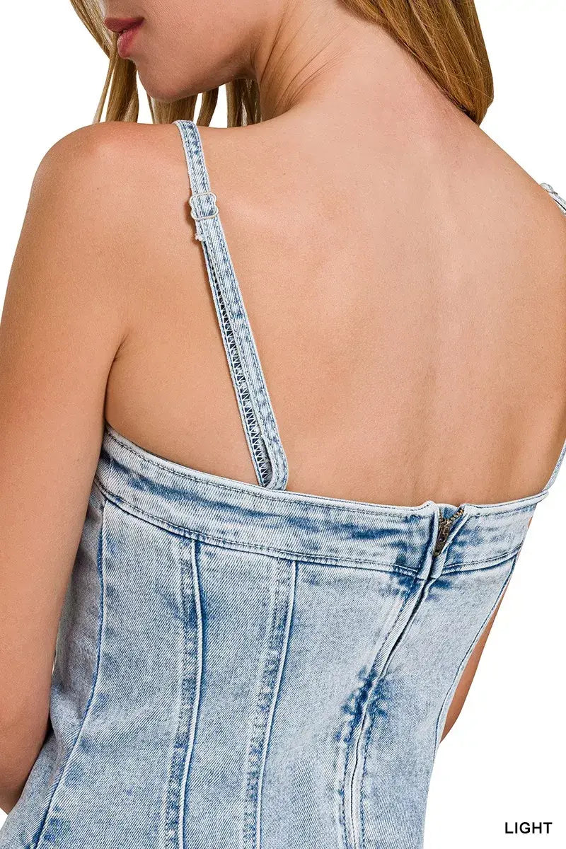 Zenana Spaghetti Strap Exposed Seam Light-Wash Dress - Trendsi - Flyclothing LLC