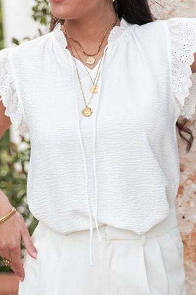 Ruffled Tie Neck Cap Sleeve Blouse - Trendsi - Flyclothing LLC