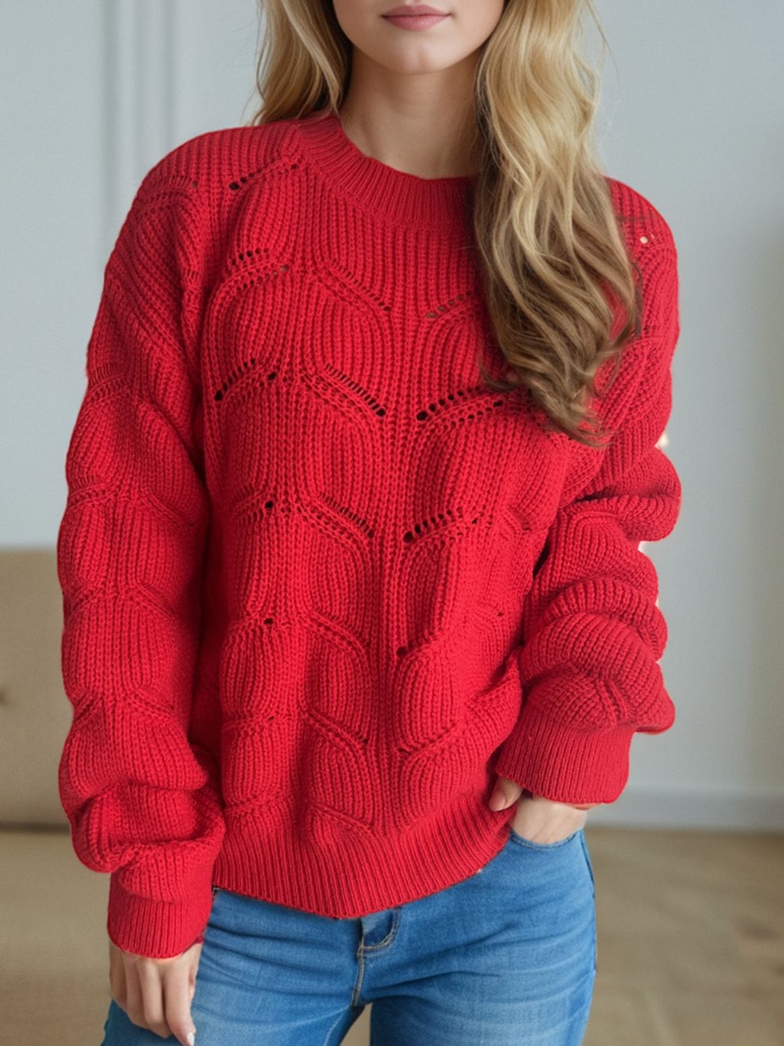 Openwork Round Neck Dropped Shoulder Sweater - Trendsi
