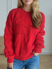 Openwork Round Neck Dropped Shoulder Sweater - Trendsi