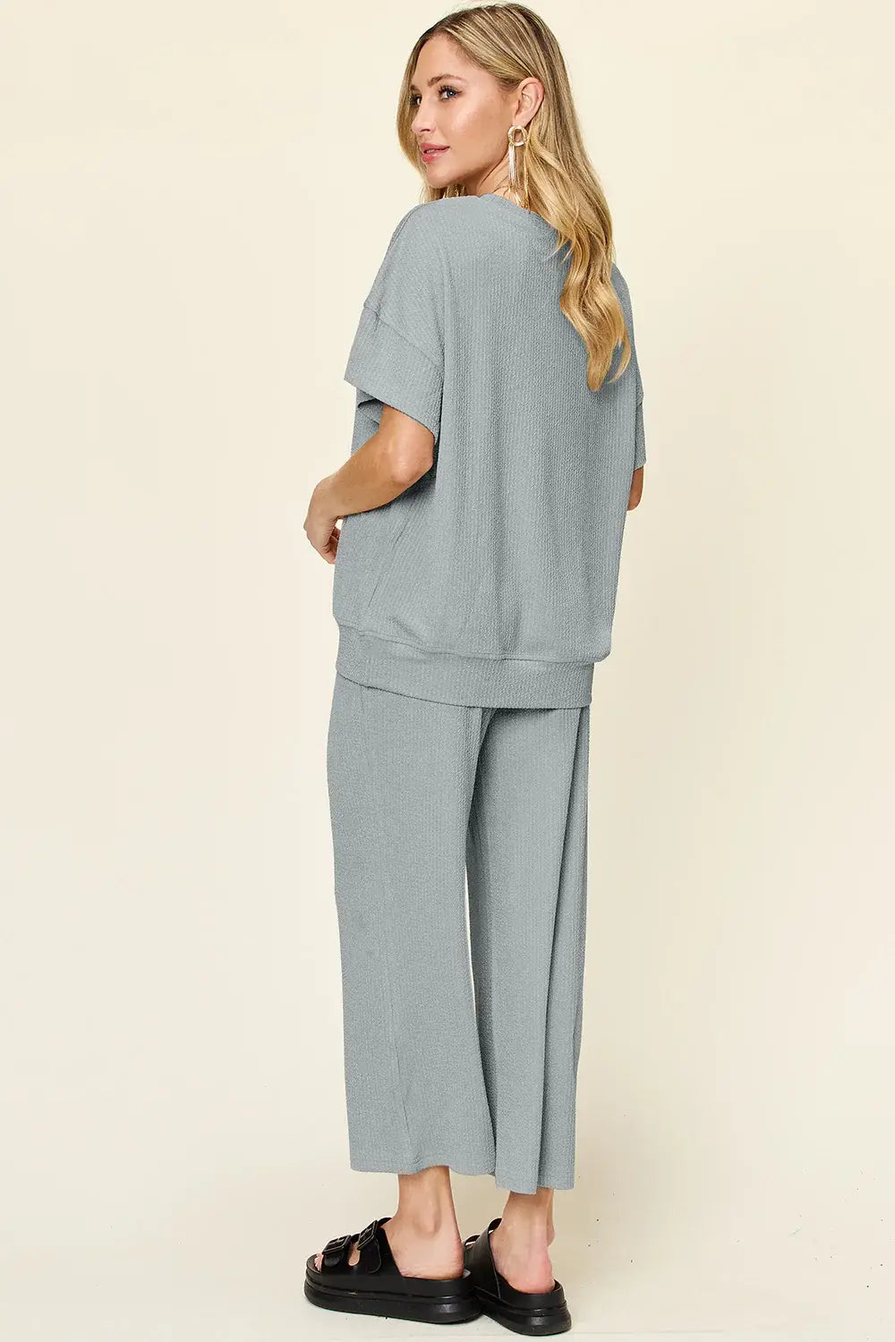 Double Take Full Size Texture Round Neck Short Sleeve T-Shirt and Wide Leg Pants - Trendsi - Flyclothing LLC