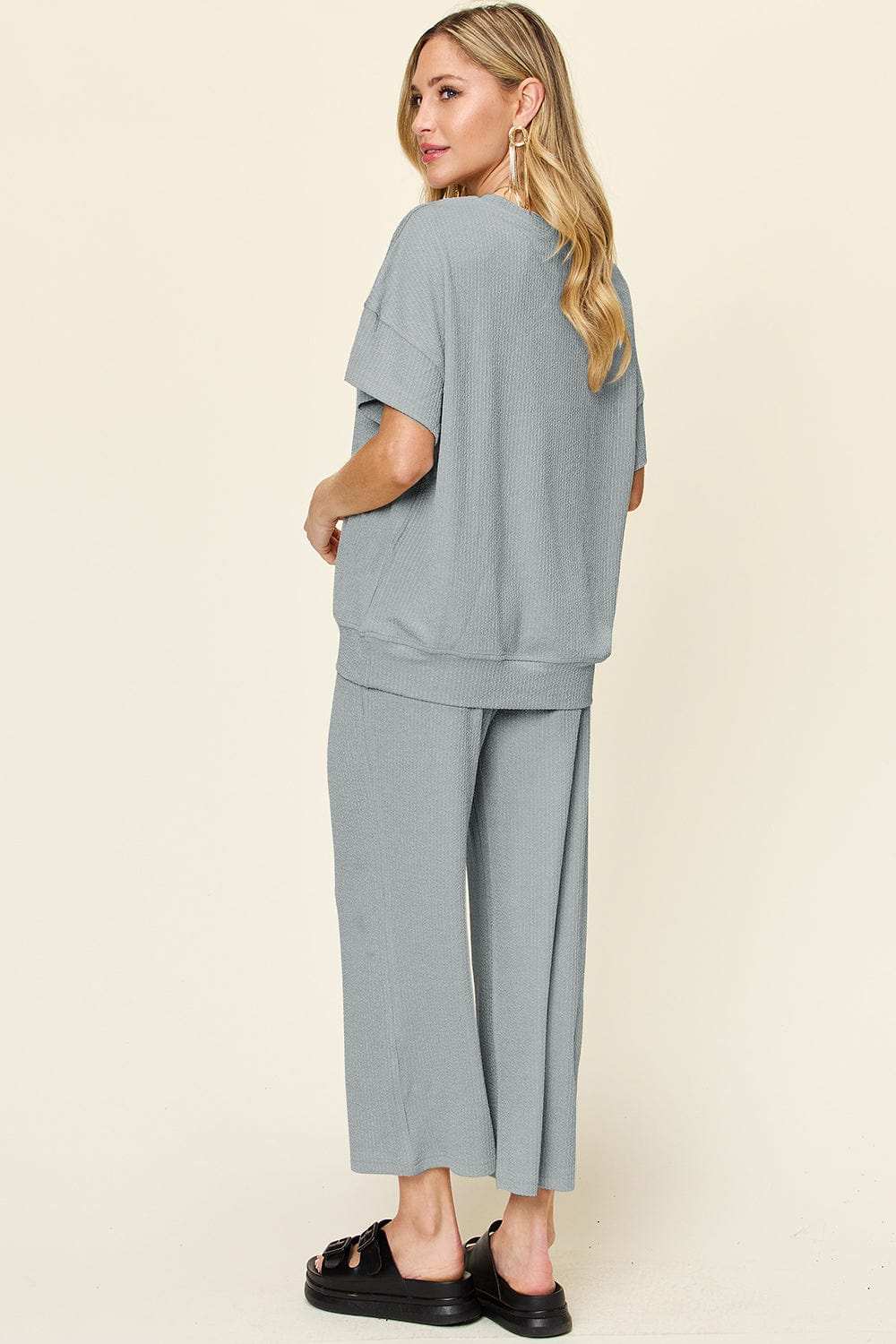 Double Take Full Size Texture Round Neck Short Sleeve T-Shirt and Wide Leg Pants - Trendsi - Flyclothing LLC