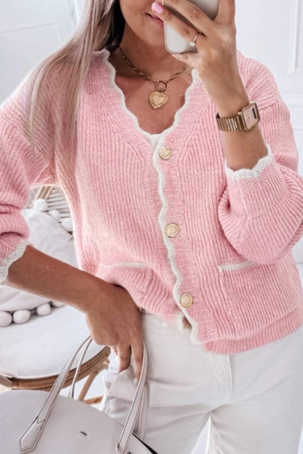 Contrast Trim V-Neck Long Sleeve Cardigan - Trendsi - Flyclothing LLC