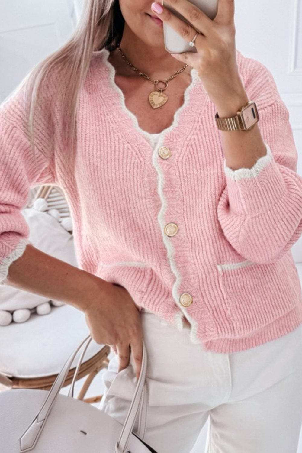 Contrast Trim V-Neck Long Sleeve Cardigan - Trendsi - Flyclothing LLC