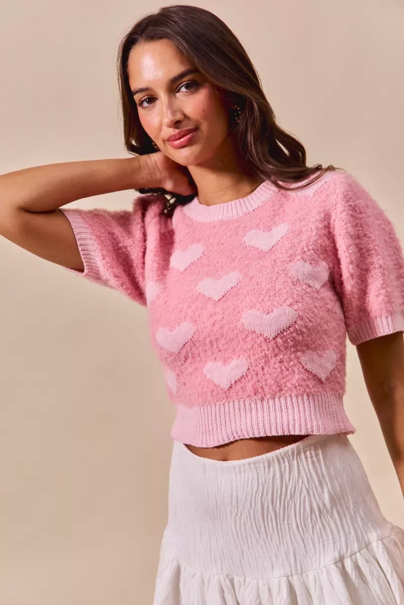 SO ME All Over Heart Valentine Cropped Sweater - Trendsi - Flyclothing LLC