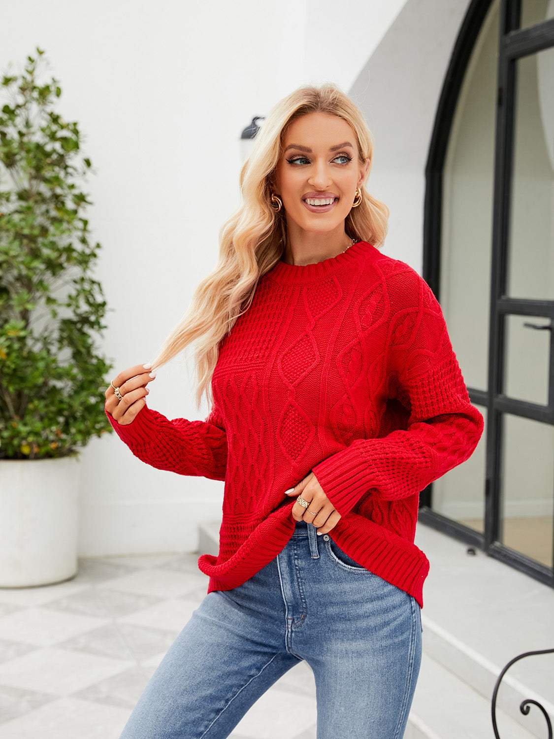 Round Neck Dropped Shoulder Sweater - Trendsi - Flyclothing LLC