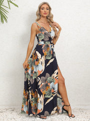 Slit Tied Printed Surplice Dress - Trendsi