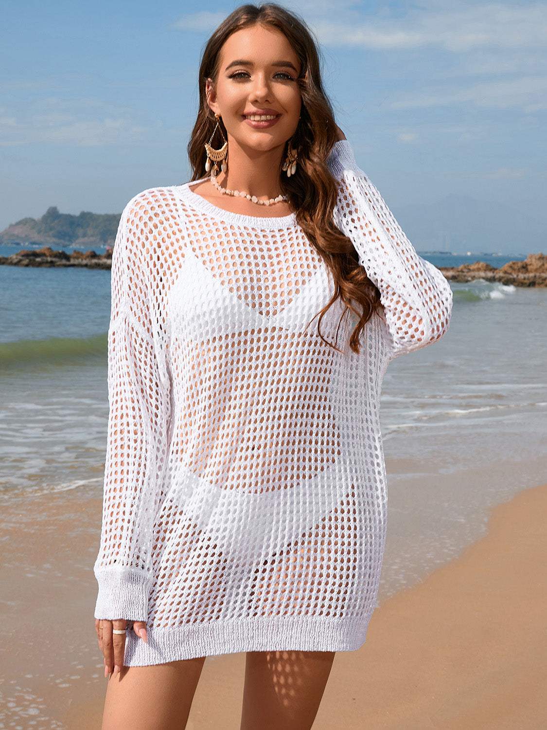 Backless Boat Neck Long Sleeve Cover Up - Trendsi - Flyclothing LLC