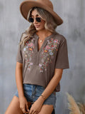 Embroidered Notched Short Sleeve T-Shirt - Trendsi