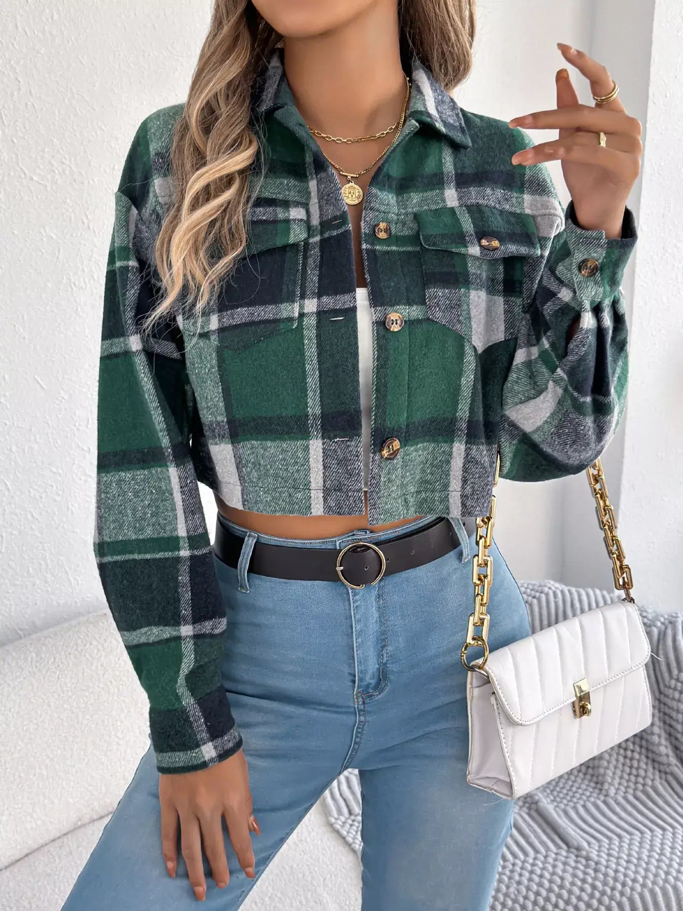 Plaid Button Up Cropped Jacket - Trendsi - Flyclothing LLC