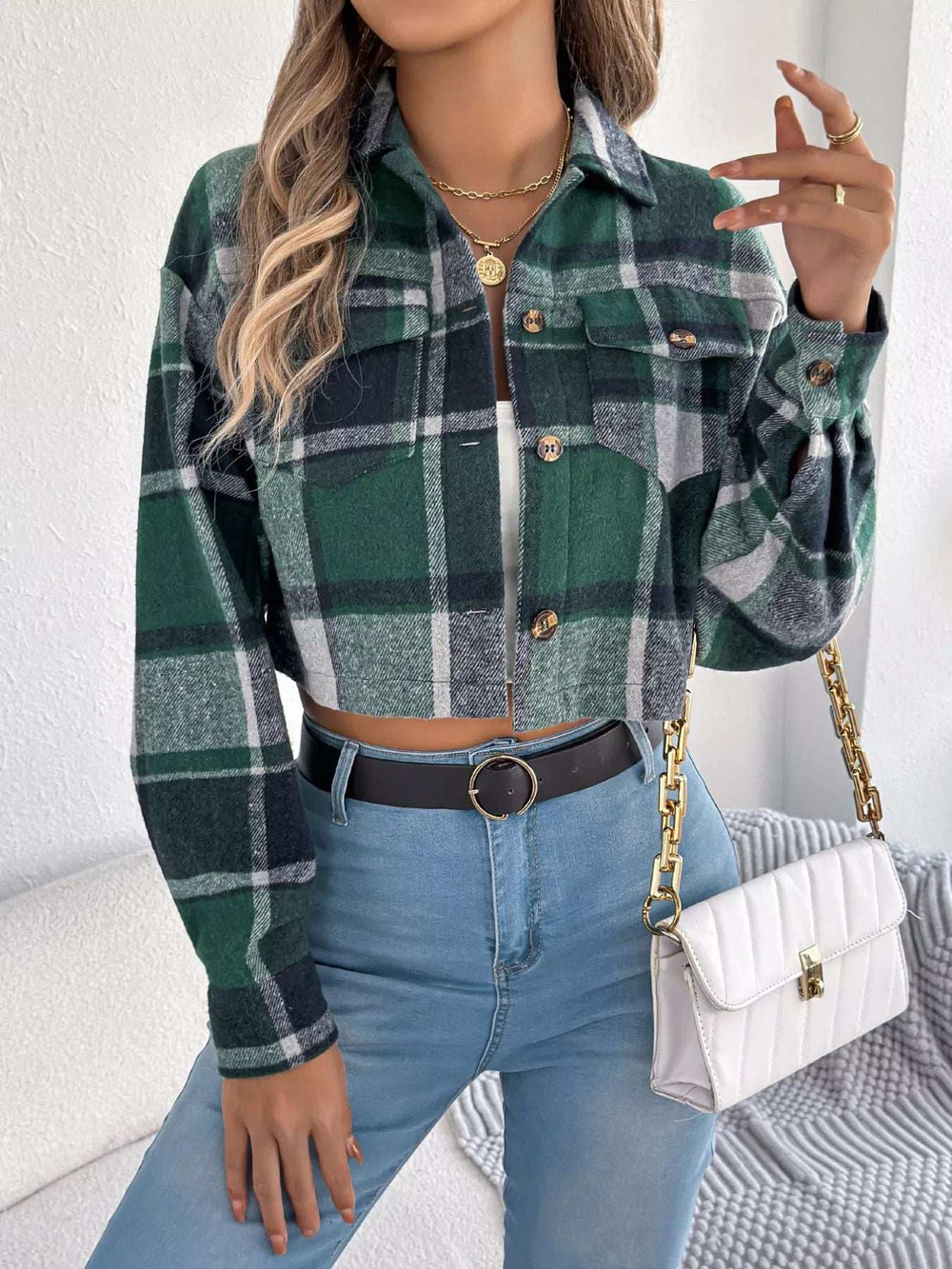 Plaid Button Up Cropped Jacket - Trendsi - Flyclothing LLC