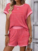 Striped Casual Round Neck Top and Shorts Set - Trendsi - Flyclothing LLC