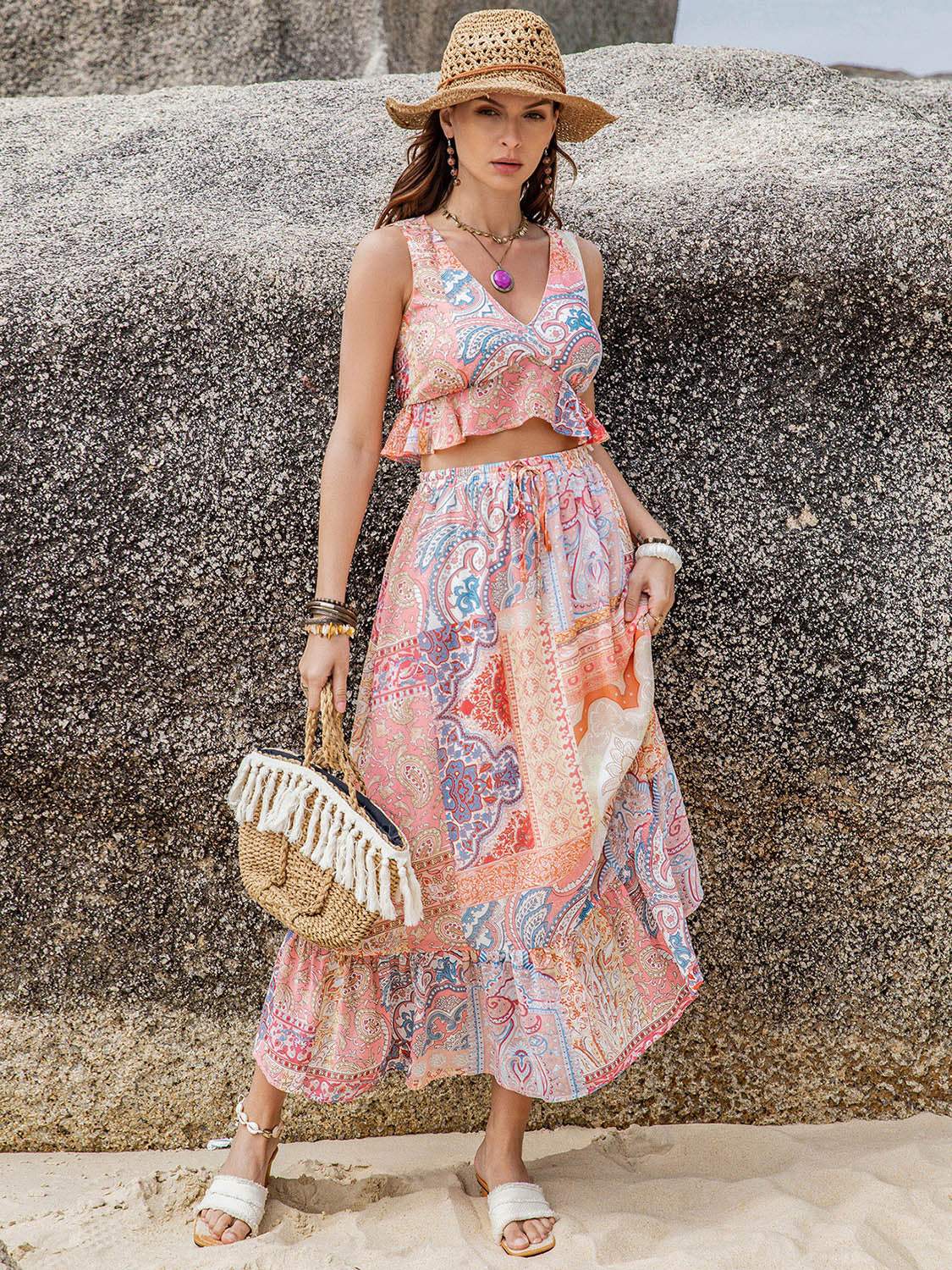 Printed V-Neck Top and Midi Skirt Set - Trendsi - Flyclothing LLC