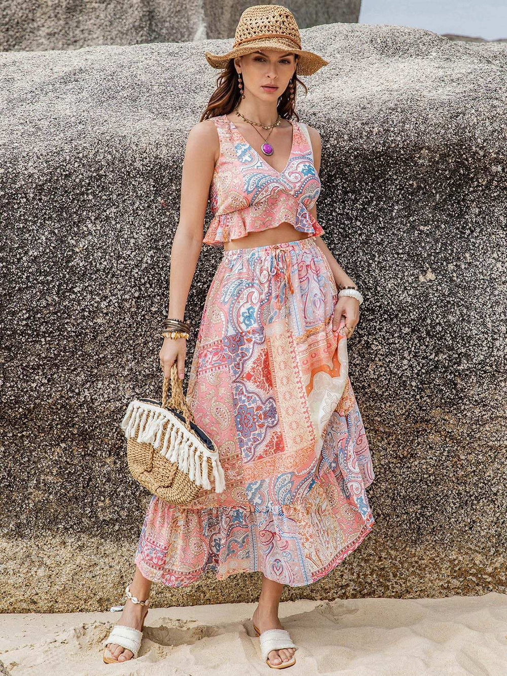 Printed V-Neck Top and Midi Skirt Set - Trendsi - Flyclothing LLC
