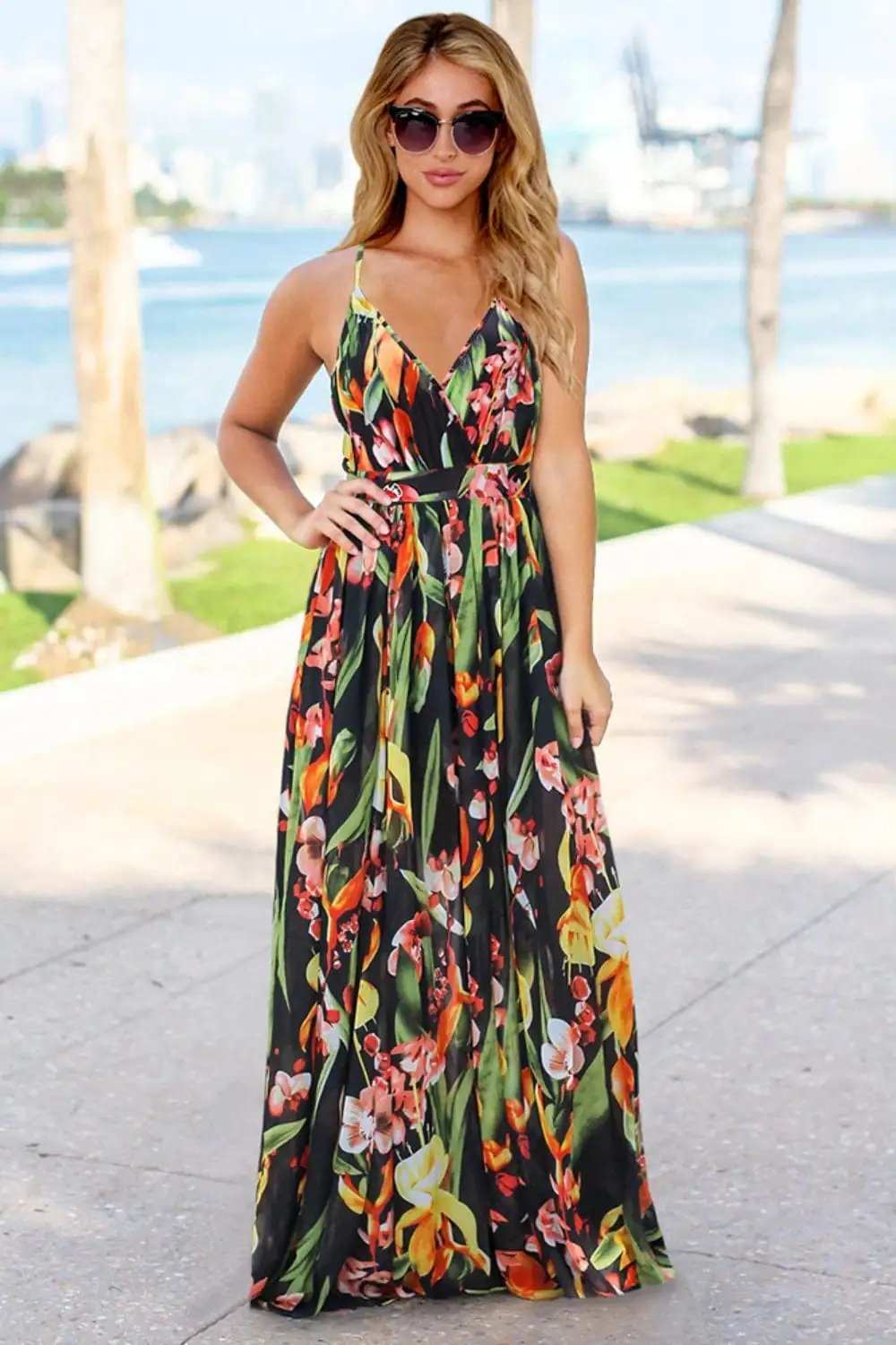 Crisscross Printed Surplice Cami Dress - Trendsi - Flyclothing LLC