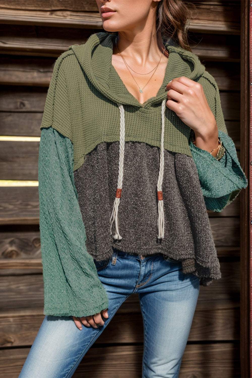 Waffle-Knit High-Low Color Block Hooded Long Sleeve Top - Trendsi - Flyclothing LLC