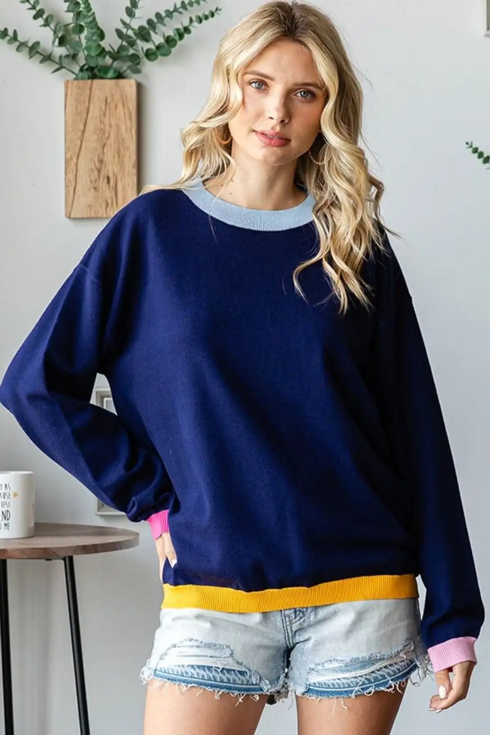 First Love Contrast Ribbed Round Neck Long Sleeve Sweater - Trendsi