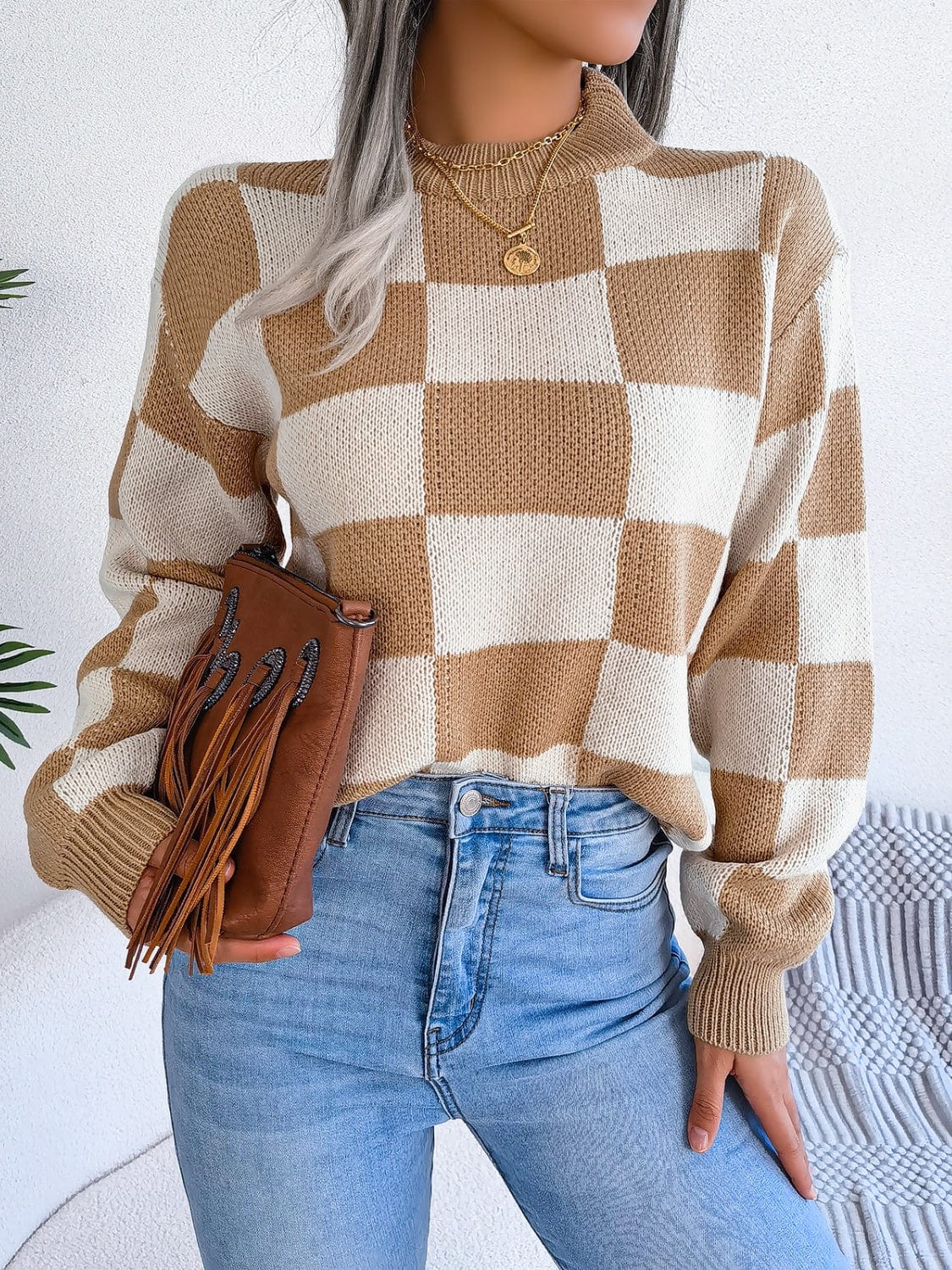 Checkered Mock Neck Long Sleeve Sweater - Trendsi