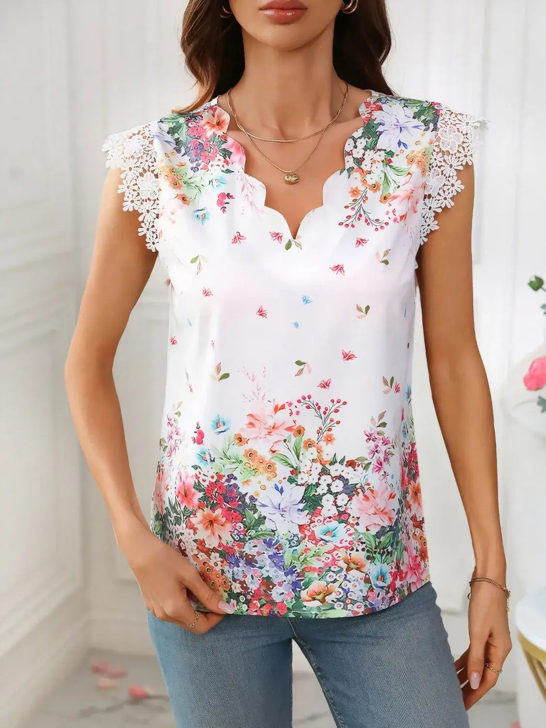 Lace Detail Printed V-Neck Cap Sleeve Blouse - Trendsi - Flyclothing LLC